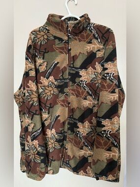 Vintage Autumn Leaf Pattern Fleece Zip-Up Jacket